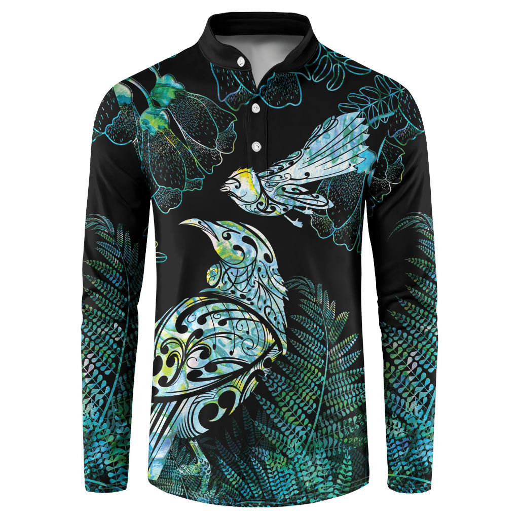Aotearoa Maori Mahuru Button Sweatshirt Spring Time - Paua Shell Green LT7 Black - Polynesian Pride
