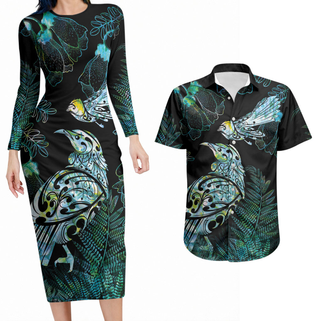 Aotearoa Maori Mahuru Couples Matching Long Sleeve Bodycon Dress and Hawaiian Shirt Spring Time - Paua Shell Green LT7 Black - Polynesian Pride
