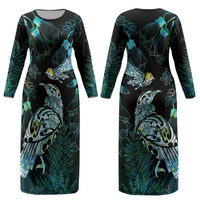 Aotearoa Maori Mahuru Couples Matching Long Sleeve Bodycon Dress and Hawaiian Shirt Spring Time - Paua Shell Green LT7 - Polynesian Pride