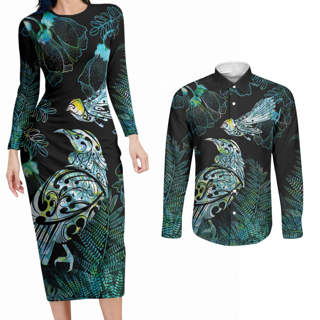 Aotearoa Maori Mahuru Couples Matching Long Sleeve Bodycon Dress and Long Sleeve Button Shirt Spring Time - Paua Shell Green LT7 Black - Polynesian Pride