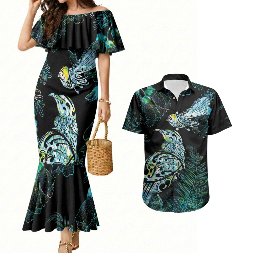 Aotearoa Maori Mahuru Couples Matching Mermaid Dress and Hawaiian Shirt Spring Time - Paua Shell Green LT7 Black - Polynesian Pride