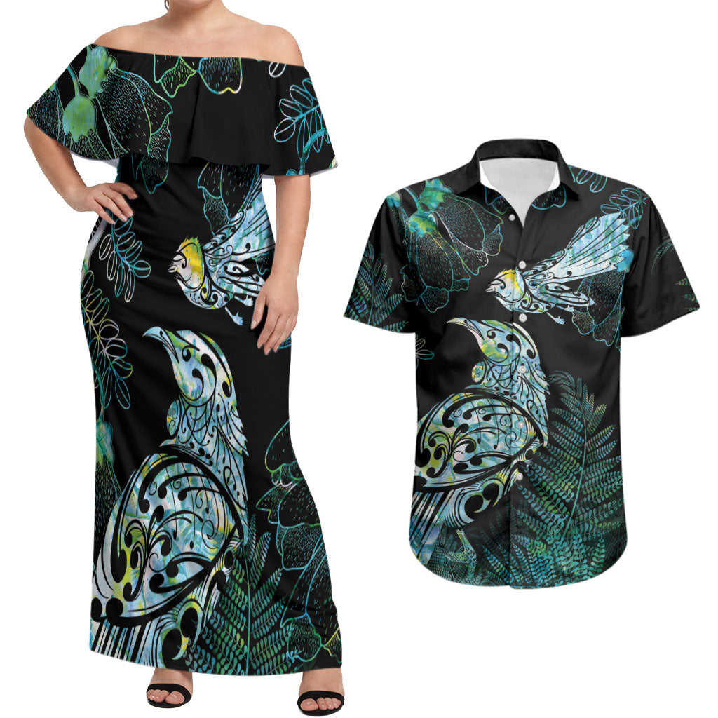 Aotearoa Maori Mahuru Couples Matching Off Shoulder Maxi Dress and Hawaiian Shirt Spring Time - Paua Shell Green LT7 Black - Polynesian Pride