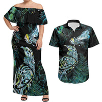 Aotearoa Maori Mahuru Couples Matching Off Shoulder Maxi Dress and Hawaiian Shirt Spring Time - Paua Shell Green LT7 Black - Polynesian Pride