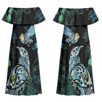 Aotearoa Maori Mahuru Couples Matching Off Shoulder Maxi Dress and Hawaiian Shirt Spring Time - Paua Shell Green LT7 - Polynesian Pride