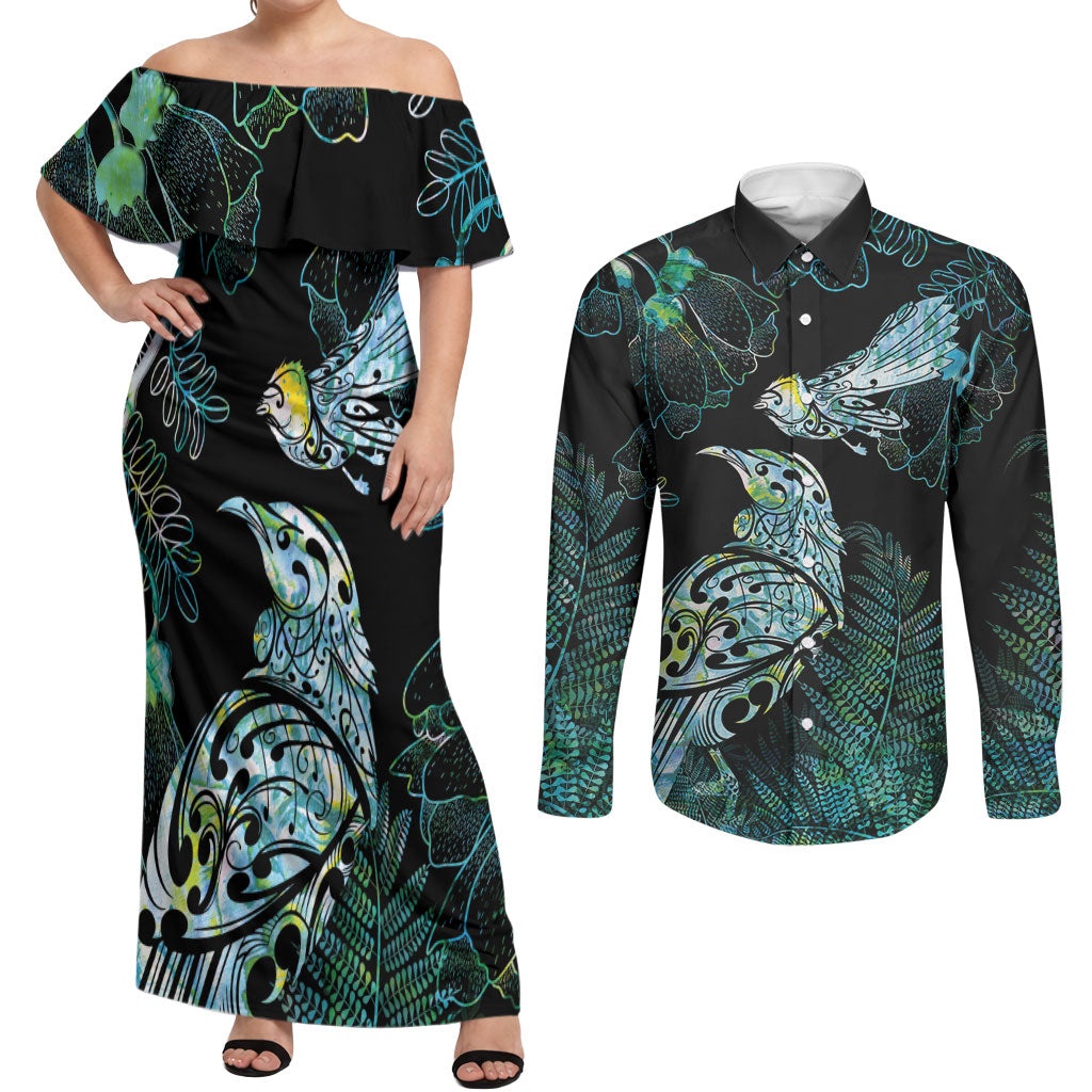 Aotearoa Maori Mahuru Couples Matching Off Shoulder Maxi Dress and Long Sleeve Button Shirt Spring Time - Paua Shell Green LT7 Black - Polynesian Pride