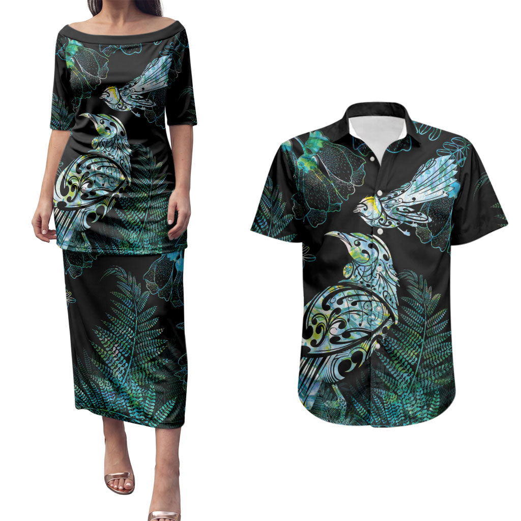 Aotearoa Maori Mahuru Couples Matching Puletasi and Hawaiian Shirt Spring Time - Paua Shell Green LT7 Black - Polynesian Pride