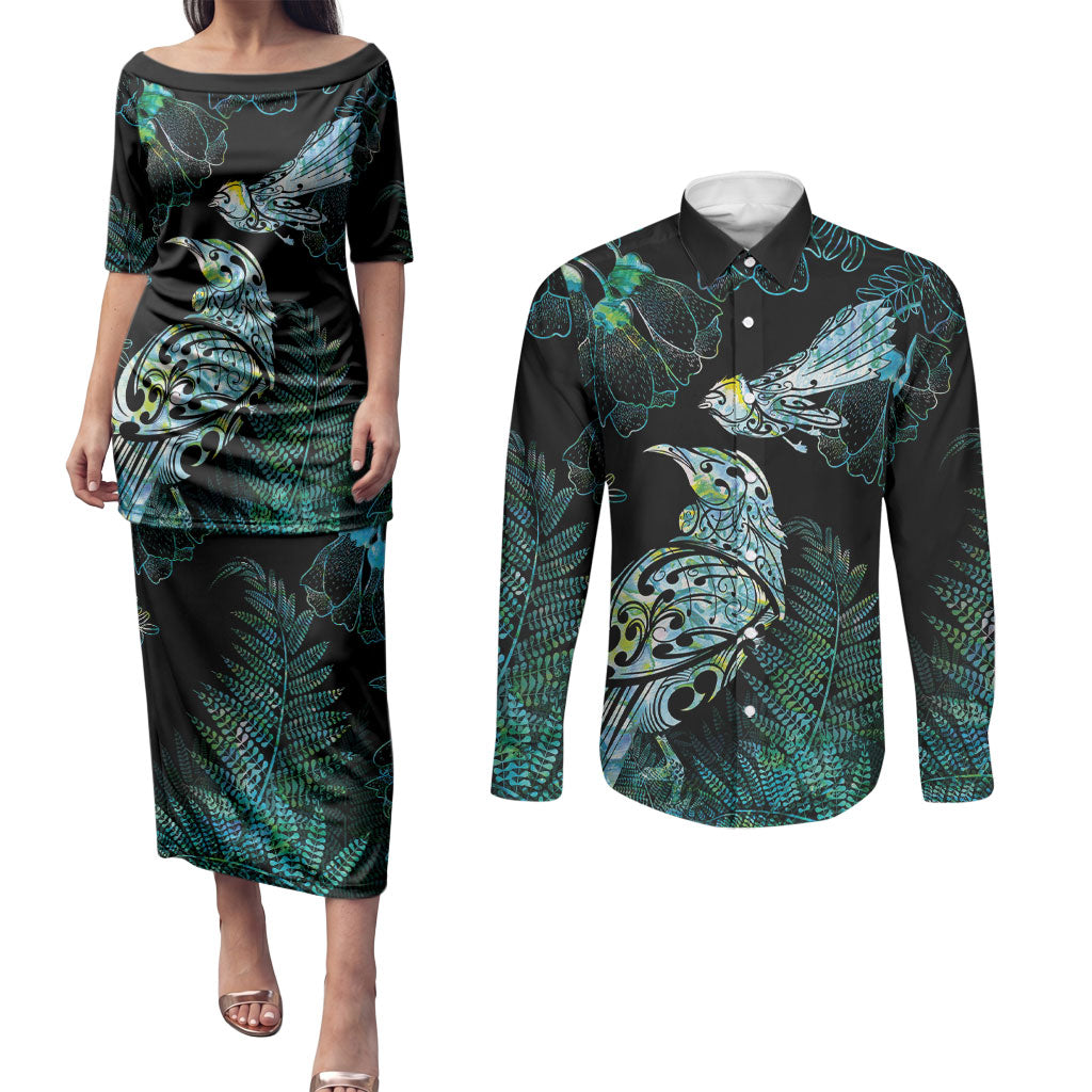 Aotearoa Maori Mahuru Couples Matching Puletasi and Long Sleeve Button Shirt Spring Time - Paua Shell Green LT7 Black - Polynesian Pride