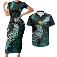 Aotearoa Maori Mahuru Couples Matching Short Sleeve Bodycon Dress and Hawaiian Shirt Spring Time - Paua Shell Green LT7 Black - Polynesian Pride