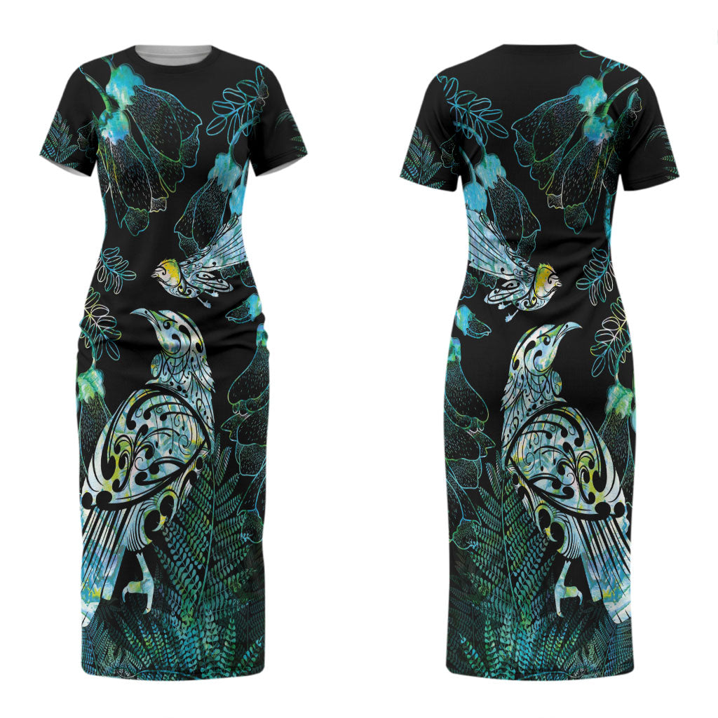 Aotearoa Maori Mahuru Couples Matching Short Sleeve Bodycon Dress and Hawaiian Shirt Spring Time - Paua Shell Green LT7 - Polynesian Pride