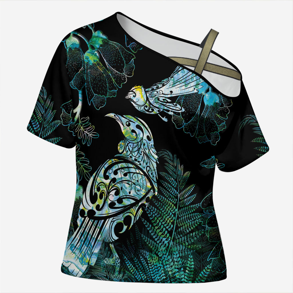 Aotearoa Maori Mahuru Cross Shoulder Shirt Spring Time - Paua Shell Green LT7 Female Black - Polynesian Pride