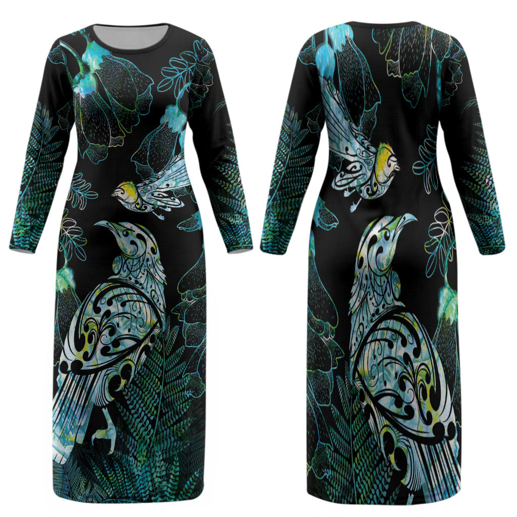 Aotearoa Maori Mahuru Family Matching Long Sleeve Bodycon Dress and Hawaiian Shirt Spring Time - Paua Shell Green LT7 Mom's Dress Black - Polynesian Pride