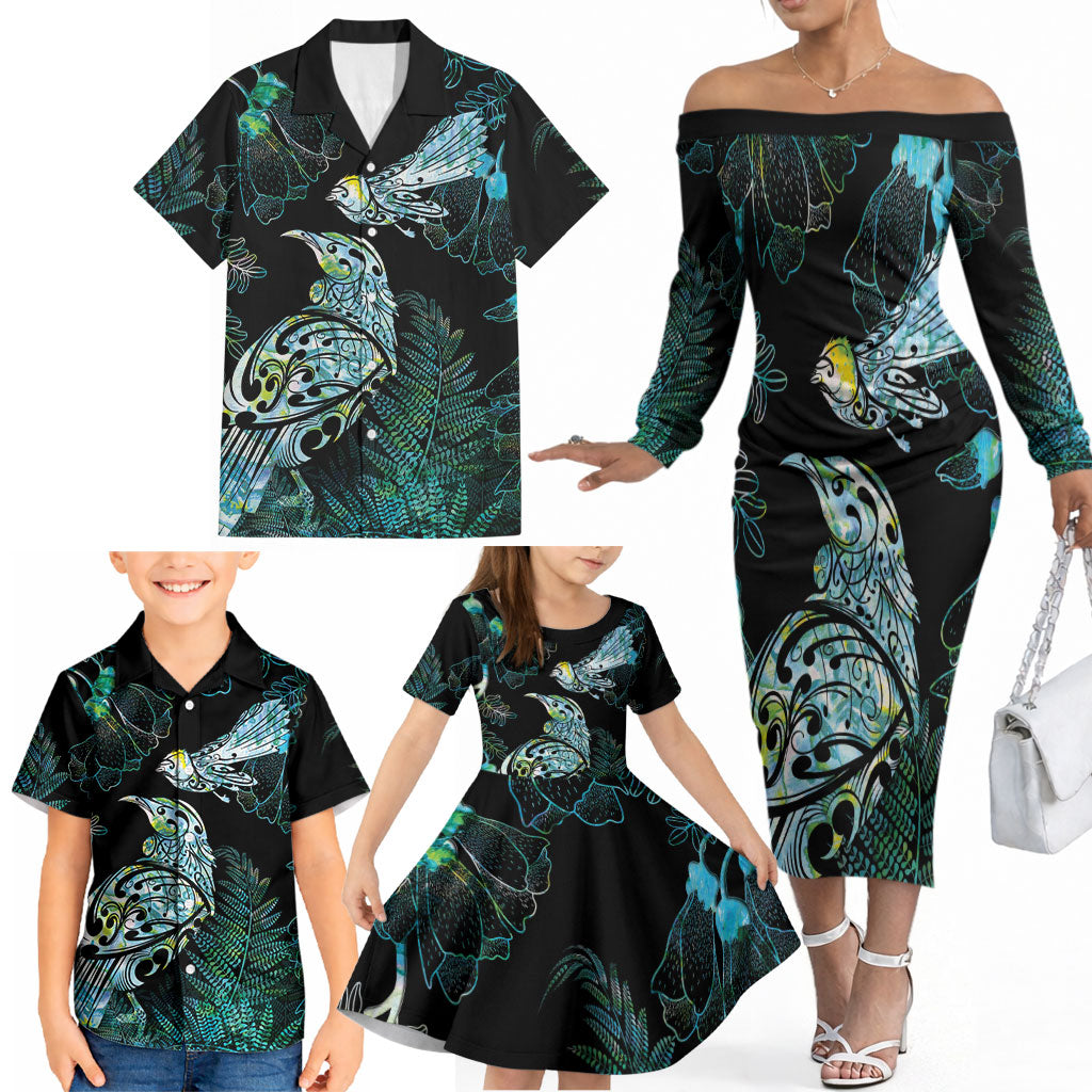 Aotearoa Maori Mahuru Family Matching Off The Shoulder Long Sleeve Dress and Hawaiian Shirt Spring Time - Paua Shell Green LT7 - Polynesian Pride