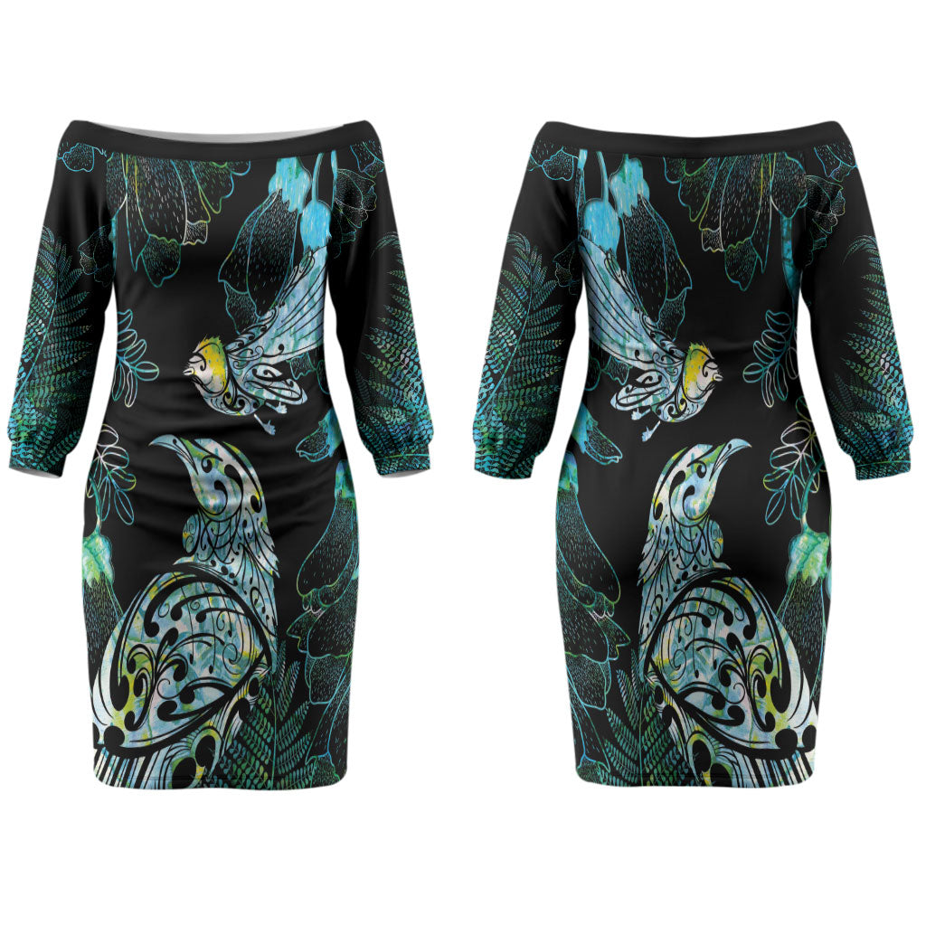 Aotearoa Maori Mahuru Family Matching Off The Shoulder Long Sleeve Dress and Hawaiian Shirt Spring Time - Paua Shell Green LT7 Mom's Dress Black - Polynesian Pride