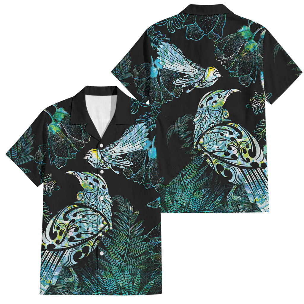 Aotearoa Maori Mahuru Family Matching Off The Shoulder Long Sleeve Dress and Hawaiian Shirt Spring Time - Paua Shell Green LT7 Dad's Shirt - Short Sleeve Black - Polynesian Pride