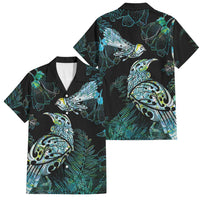 Aotearoa Maori Mahuru Family Matching Off The Shoulder Long Sleeve Dress and Hawaiian Shirt Spring Time - Paua Shell Green LT7 Dad's Shirt - Short Sleeve Black - Polynesian Pride