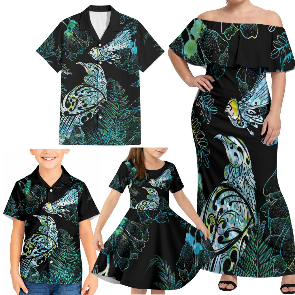 Aotearoa Maori Mahuru Family Matching Off Shoulder Maxi Dress and Hawaiian Shirt Spring Time - Paua Shell Green LT7 - Polynesian Pride