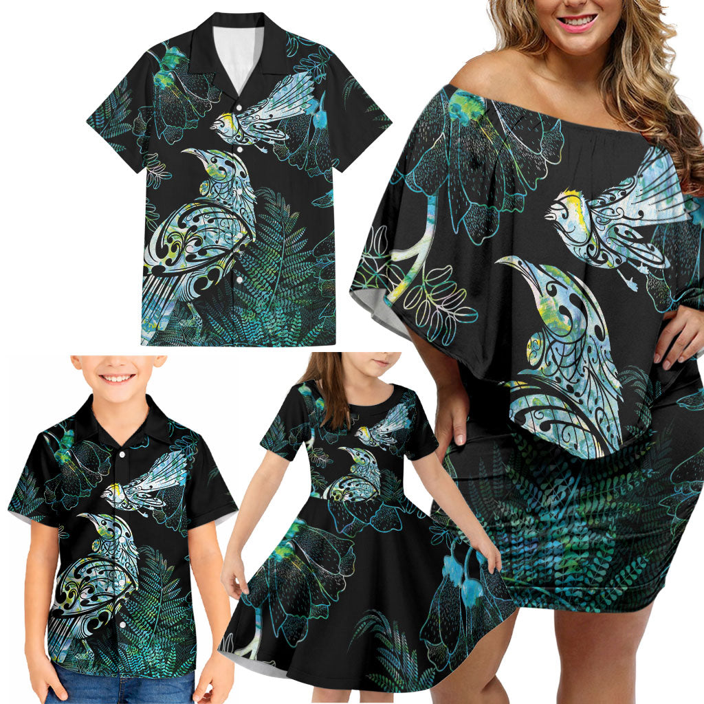 Aotearoa Maori Mahuru Family Matching Off Shoulder Short Dress and Hawaiian Shirt Spring Time - Paua Shell Green LT7 - Polynesian Pride