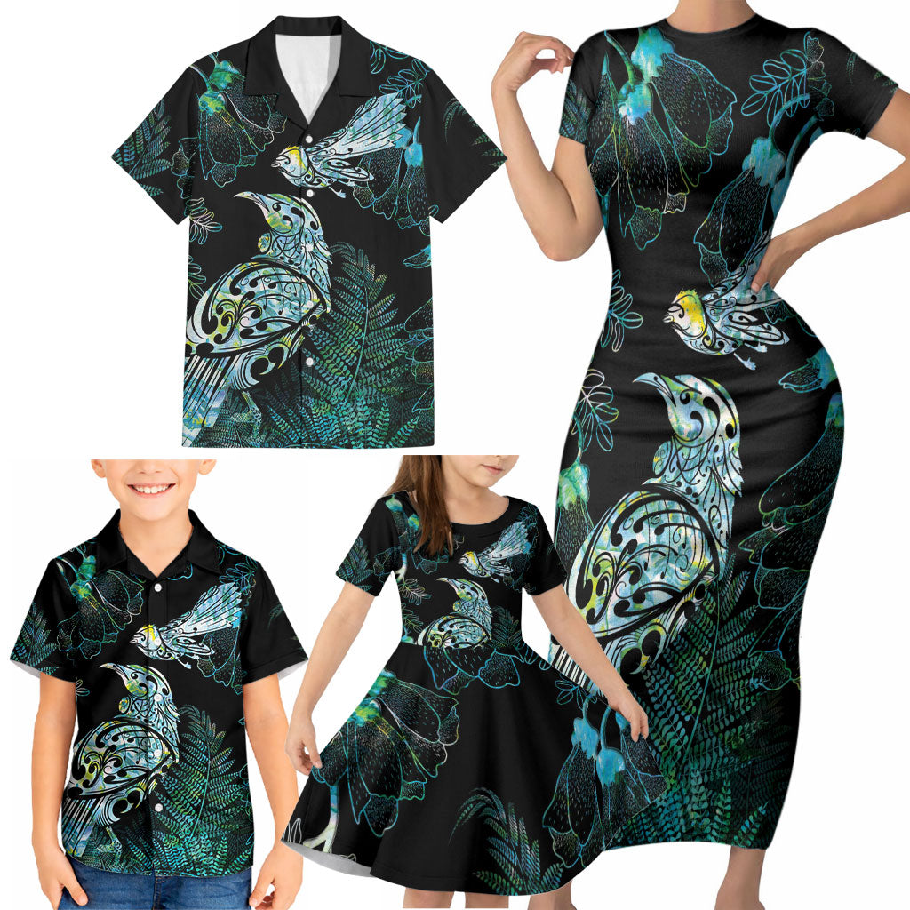 Aotearoa Maori Mahuru Family Matching Short Sleeve Bodycon Dress and Hawaiian Shirt Spring Time - Paua Shell Green LT7 - Polynesian Pride