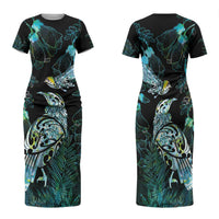 Aotearoa Maori Mahuru Family Matching Short Sleeve Bodycon Dress and Hawaiian Shirt Spring Time - Paua Shell Green LT7 Mom's Dress Black - Polynesian Pride