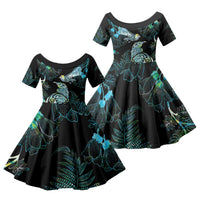 Aotearoa Maori Mahuru Family Matching Short Sleeve Bodycon Dress and Hawaiian Shirt Spring Time - Paua Shell Green LT7 Daughter's Dress Black - Polynesian Pride