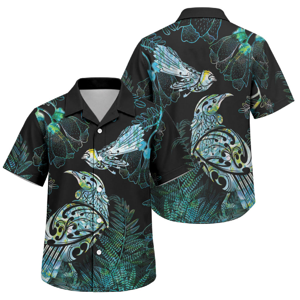 Aotearoa Maori Mahuru Family Matching Short Sleeve Bodycon Dress and Hawaiian Shirt Spring Time - Paua Shell Green LT7 Son's Shirt Black - Polynesian Pride