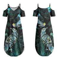 Aotearoa Maori Mahuru Family Matching Summer Maxi Dress and Hawaiian Shirt Spring Time - Paua Shell Green LT7 Mom's Dress Black - Polynesian Pride
