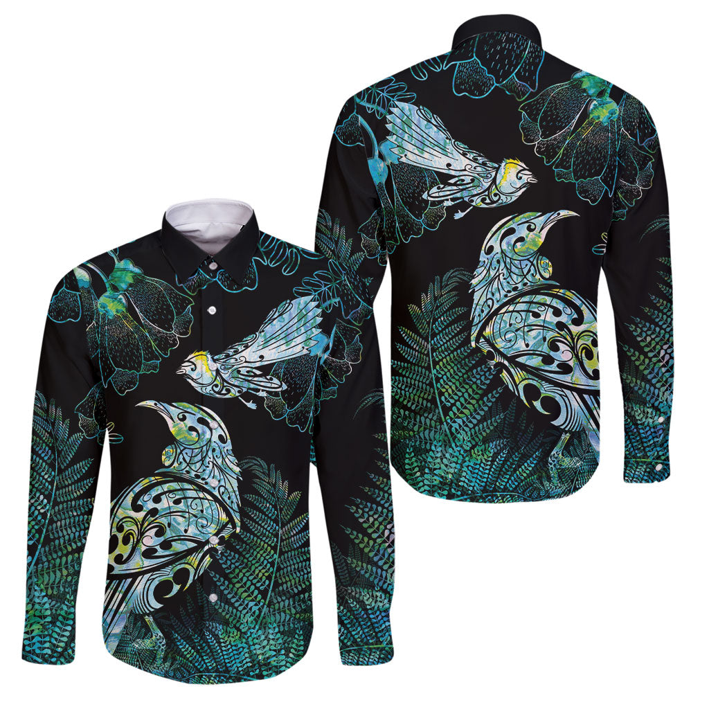 Aotearoa Maori Mahuru Family Matching Summer Maxi Dress and Hawaiian Shirt Spring Time - Paua Shell Green LT7 Dad's Shirt - Long Sleeve Black - Polynesian Pride