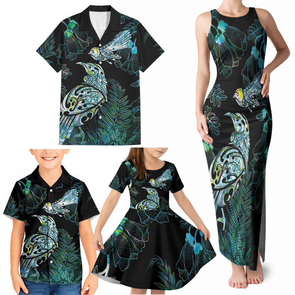 Aotearoa Maori Mahuru Family Matching Tank Maxi Dress and Hawaiian Shirt Spring Time - Paua Shell Green LT7 - Polynesian Pride