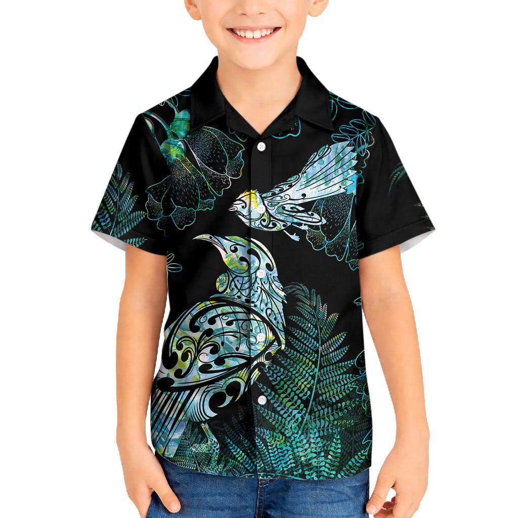 Aotearoa Maori Mahuru Kid Hawaiian Shirt Spring Time - Paua Shell Green LT7 Kid Black - Polynesian Pride