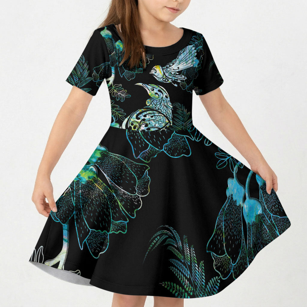 Aotearoa Maori Mahuru Kid Short Sleeve Dress Spring Time - Paua Shell Green LT7 KID Black - Polynesian Pride