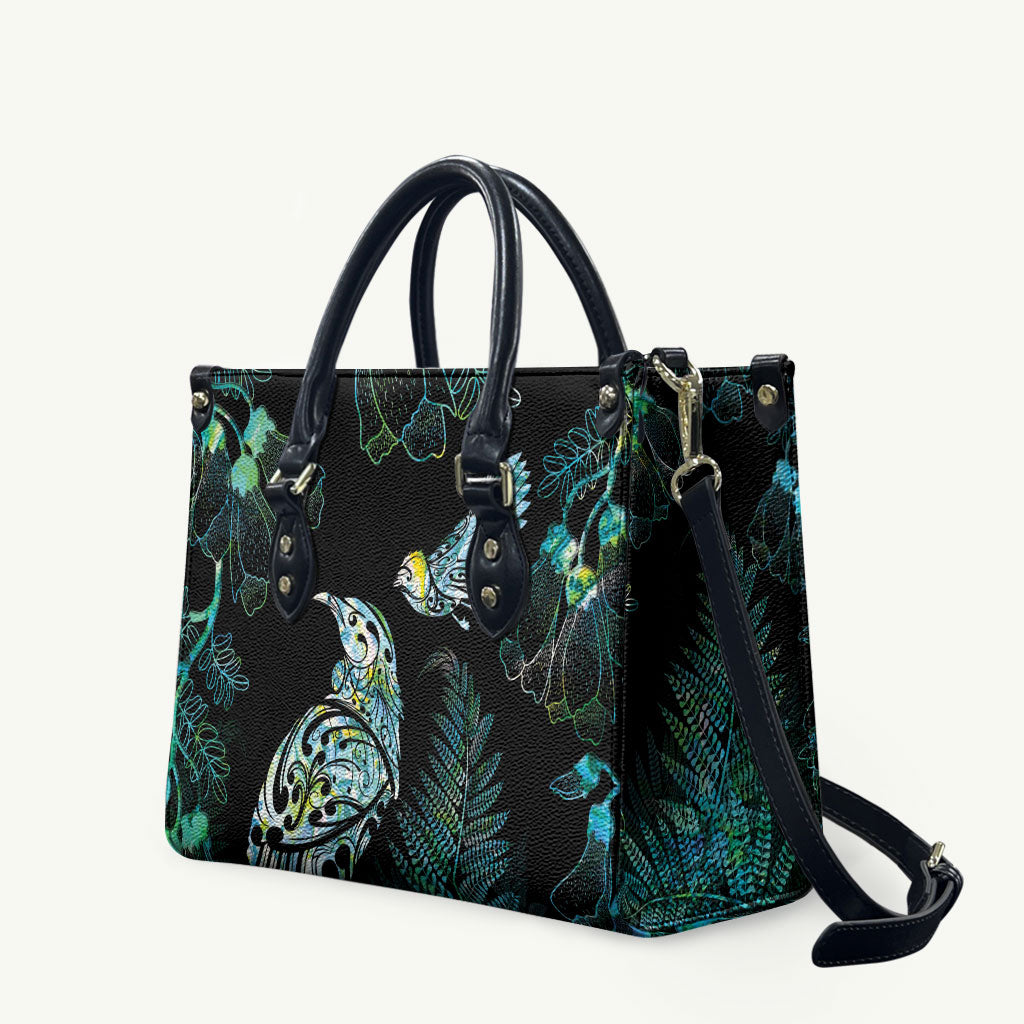 Aotearoa Maori Mahuru Leather Bag Spring Time - Paua Shell Green LT7 Black - Polynesian Pride