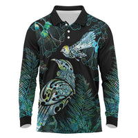Aotearoa Maori Mahuru Long Sleeve Polo Shirt Spring Time - Paua Shell Green LT7 Black - Polynesian Pride