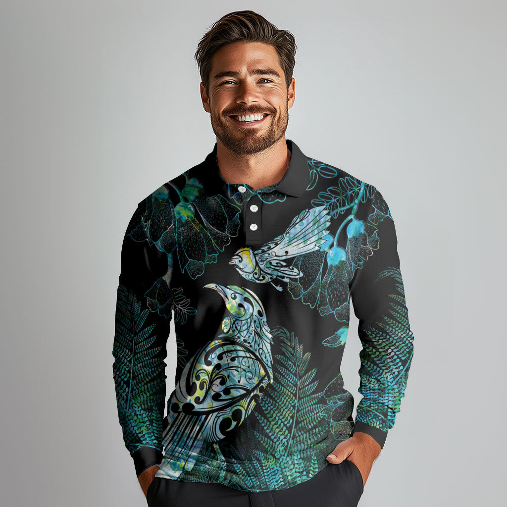 Aotearoa Maori Mahuru Long Sleeve Polo Shirt Spring Time - Paua Shell Green LT7 - Polynesian Pride
