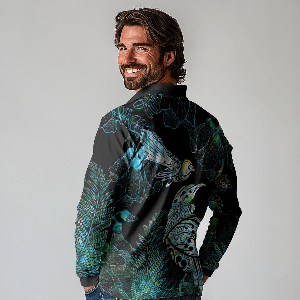 Aotearoa Maori Mahuru Long Sleeve Polo Shirt Spring Time - Paua Shell Green LT7 - Polynesian Pride