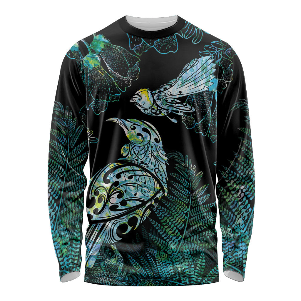 Aotearoa Maori Mahuru Long Sleeve Shirt Spring Time - Paua Shell Green LT7 Unisex Black - Polynesian Pride