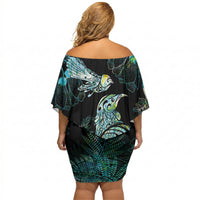 Aotearoa Maori Mahuru Off Shoulder Short Dress Spring Time - Paua Shell Green LT7 - Polynesian Pride