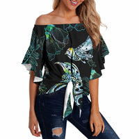 Aotearoa Maori Mahuru Off Shoulder Wrap Waist Top Spring Time - Paua Shell Green LT7 Black - Polynesian Pride