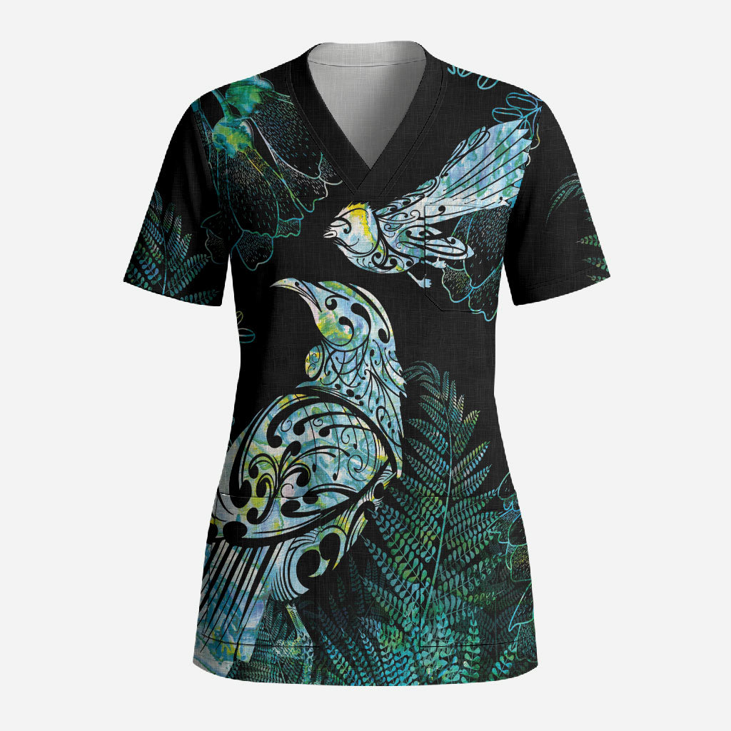 Aotearoa Maori Mahuru Scrub Top Spring Time - Paua Shell Green LT7 Adult Black - Polynesian Pride