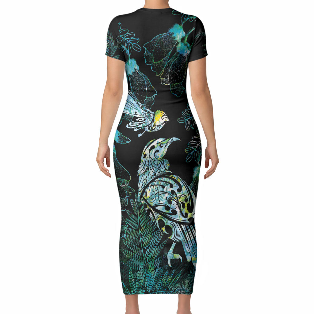 Aotearoa Maori Mahuru Short Sleeve Bodycon Dress Spring Time - Paua Shell Green LT7 - Polynesian Pride