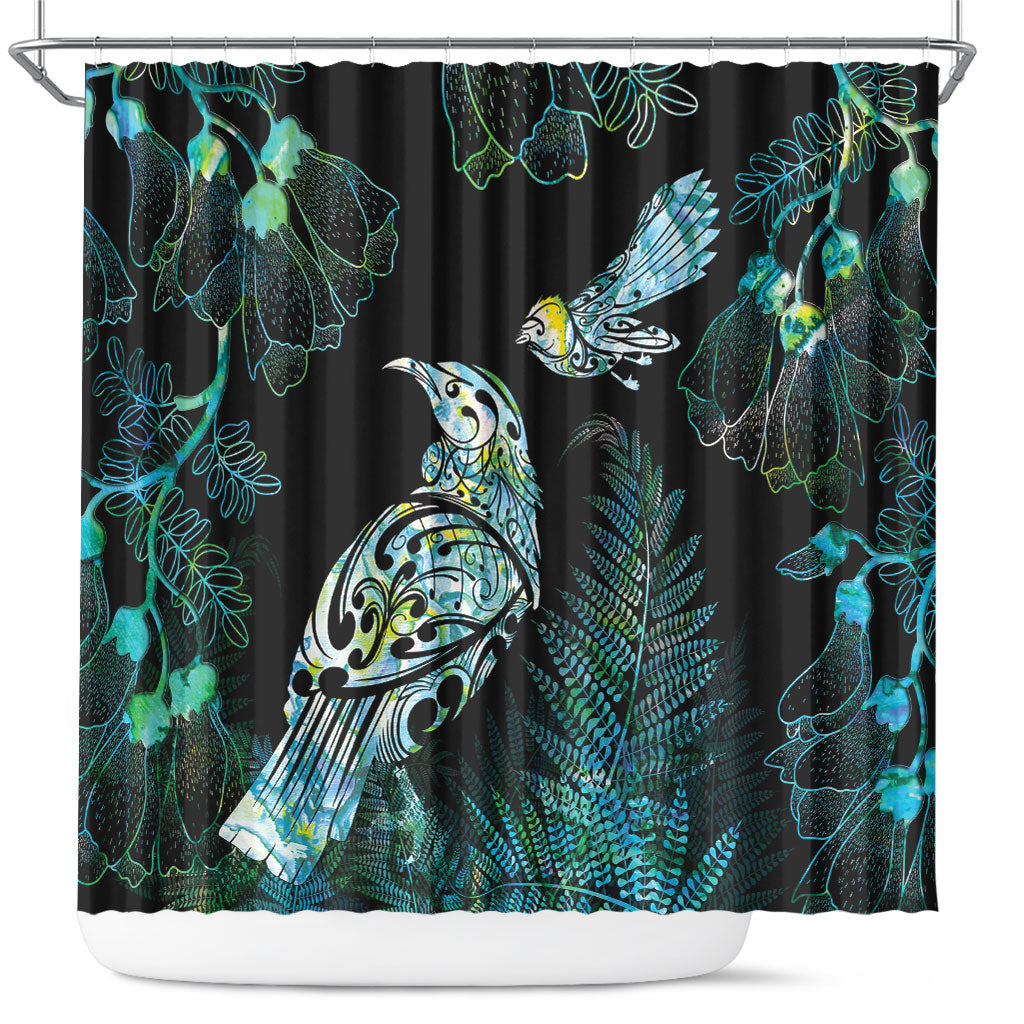 Aotearoa Maori Mahuru Shower Curtain Spring Time - Paua Shell Green LT7 Black - Polynesian Pride