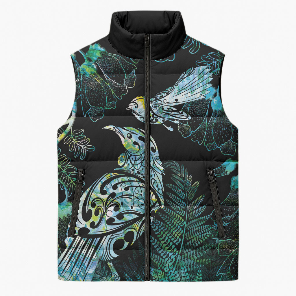 Aotearoa Maori Mahuru Sleeveless Puffer Jacket Spring Time - Paua Shell Green LT7 Unisex Black - Polynesian Pride