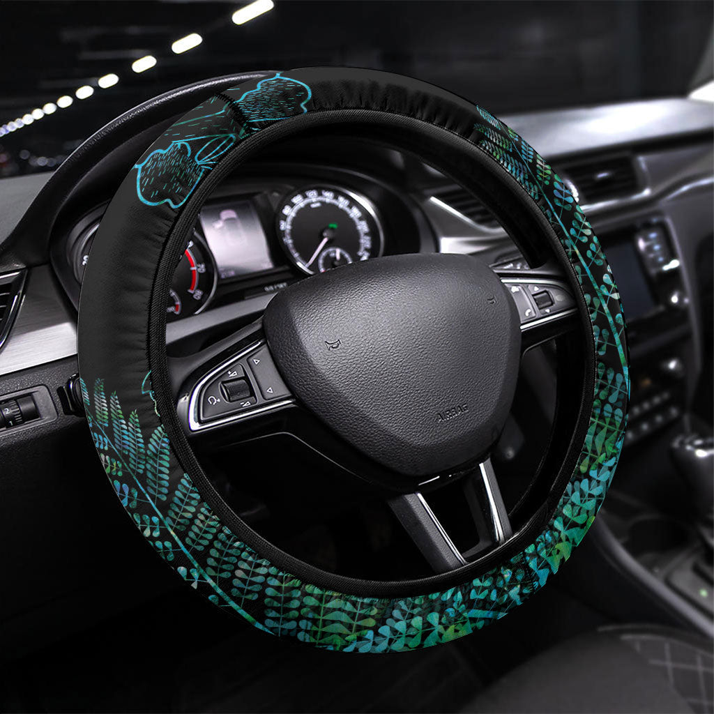 Aotearoa Maori Mahuru Steering Wheel Cover Spring Time - Paua Shell Green LT7 Universal Fit Black - Polynesian Pride