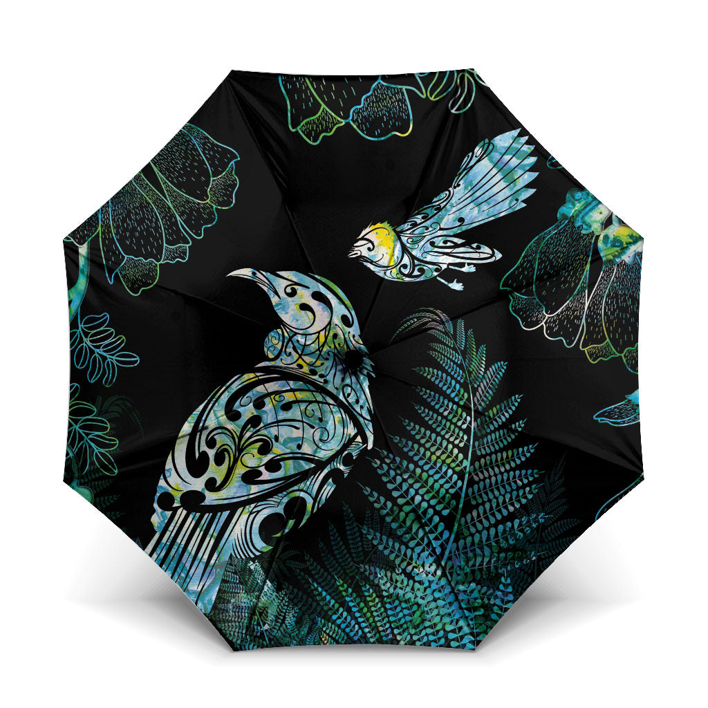 Aotearoa Maori Mahuru Umbrella Spring Time - Paua Shell Green LT7 One Size Folded 11.42 inch Opened Diameter 37.4 inch Black - Polynesian Pride