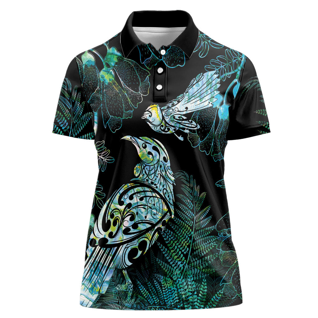 Aotearoa Maori Mahuru Women Polo Shirt Spring Time - Paua Shell Green LT7 Female Black - Polynesian Pride
