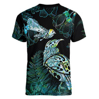 Aotearoa Maori Mahuru Women V-Neck T-Shirt Spring Time - Paua Shell Green LT7 - Polynesian Pride