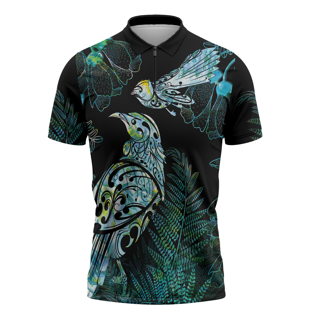 Aotearoa Maori Mahuru Zipper Polo Shirt Spring Time - Paua Shell Green LT7 Black - Polynesian Pride