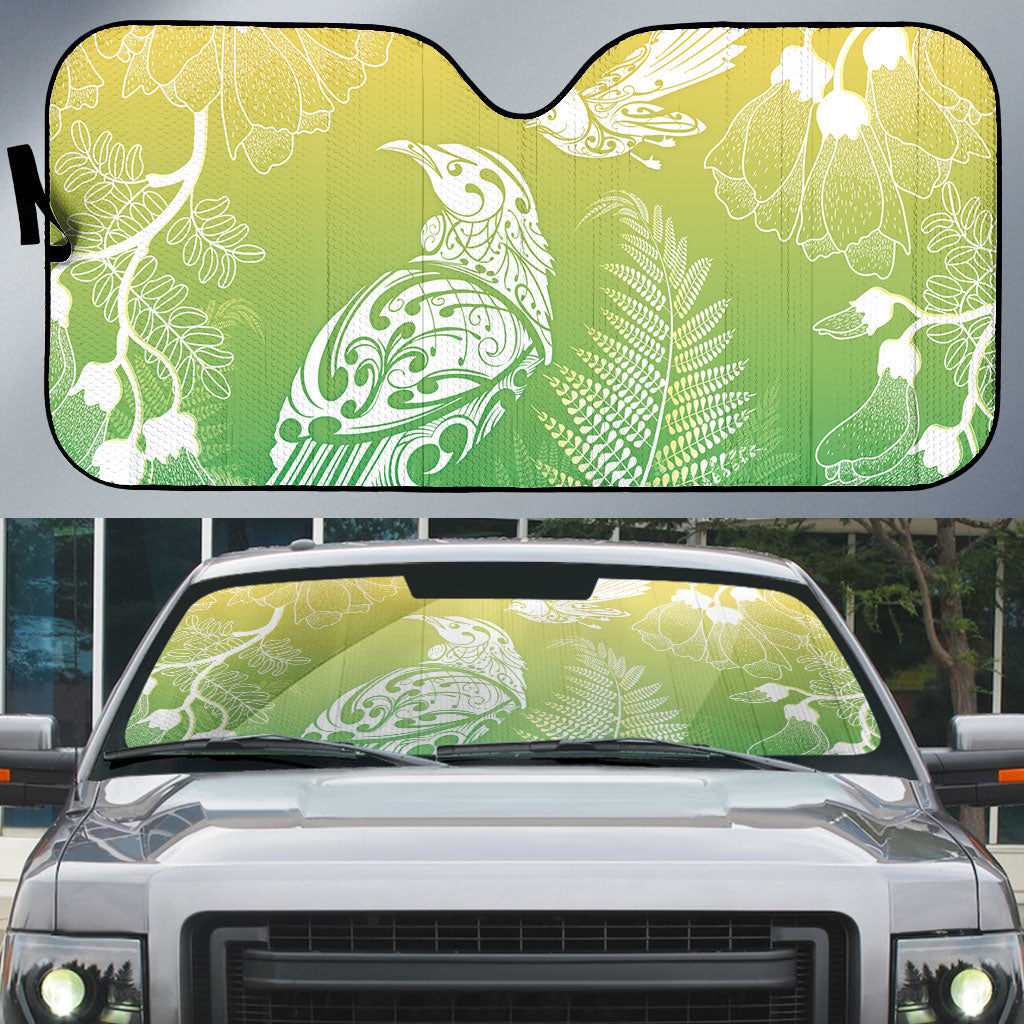 Aotearoa Maori Mahuru Tui With Pikawakawa Auto Sun Shade Spring Time LT7 Green - Polynesian Pride