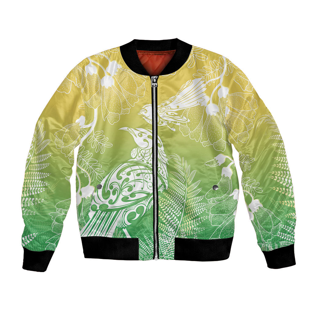 Aotearoa Maori Mahuru Tui With Pikawakawa Bomber Jacket Spring Time LT7 Unisex Green - Polynesian Pride