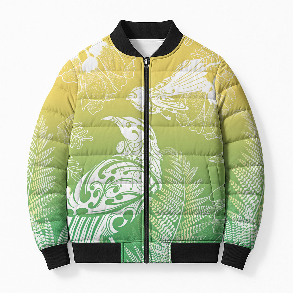 Aotearoa Maori Mahuru Tui With Pikawakawa Bomber Puffer Jacket Spring Time LT7 Unisex Green - Polynesian Pride