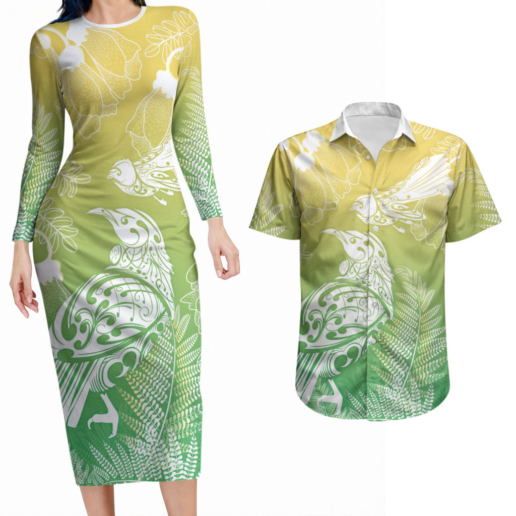 Aotearoa Maori Mahuru Tui With Pikawakawa Couples Matching Long Sleeve Bodycon Dress and Hawaiian Shirt Spring Time LT7 Green - Polynesian Pride